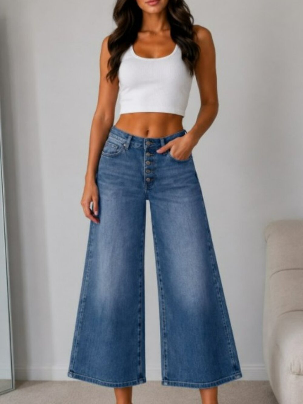 J.Jill High Rise Wide Leg Crop Blue Jeans 6P Regular Stretch Casual Button Fly